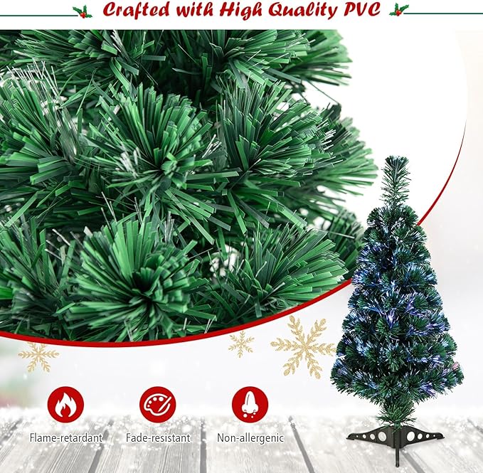 HAPPYGRILL 3FT Fiber Optic Christmas Tree Pre-Lit Artificial Christmas Tree with 85 PVC Tips, Green Xmas Tree with LED Lights for Indoor Outdoor Festival