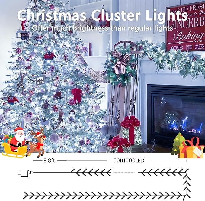 50FT 1000 LED Cluster Christmas Lights, Christmas Tree Lights Outdoor Indoor with 8 Modes & Timer & Remote, Firecrackers String Lights Waterproof for Garland Party Xmas Decorations, Cool White