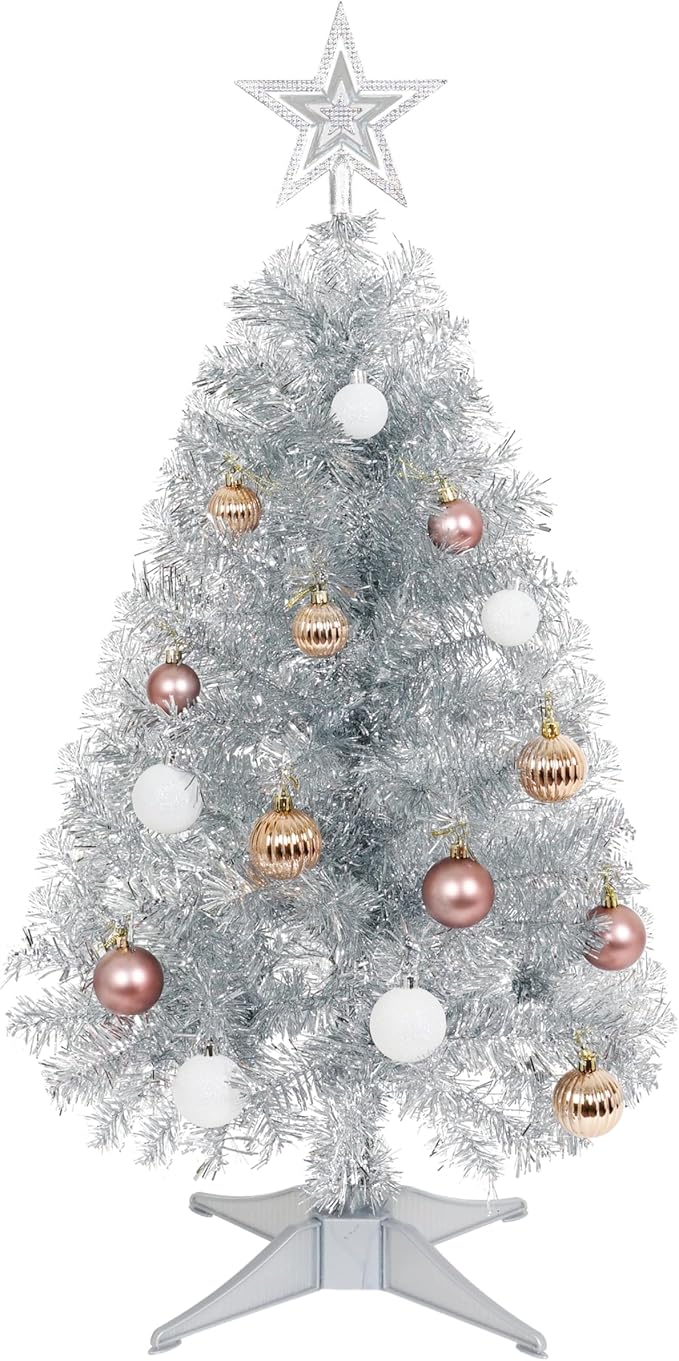 Sunshine Silver Christmas Tree with Light 3ft Artifical Full Christmas Tree with Ball & Star Ornaments 8 Lighting Modes for Holiday Decor