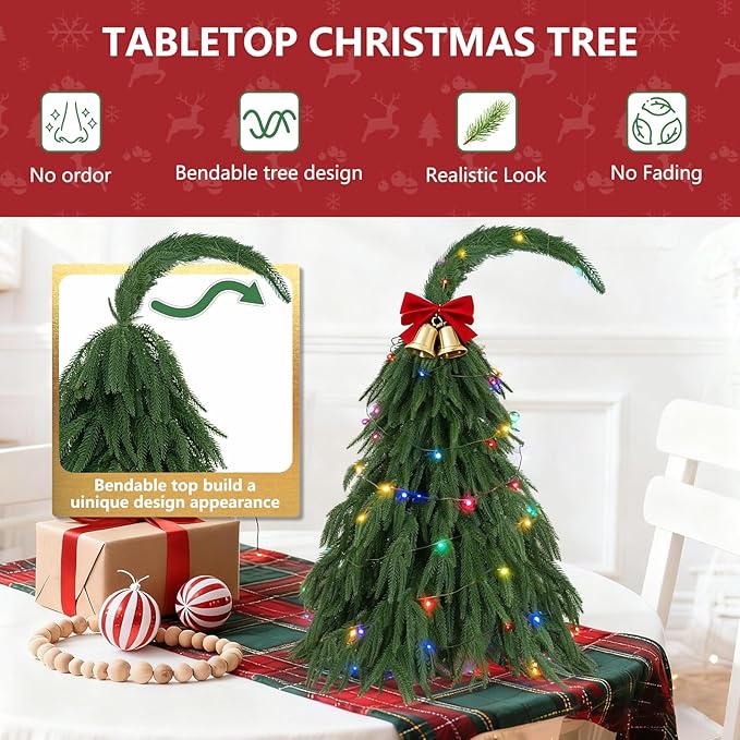 Tabletop Norfolk Pine Christmas Tree, 3FT Green Mini Artificial Christmas Tree with Norfolk Branch, Small Xmas Tree for Christmas Gnome Holiday Indoor Decoration