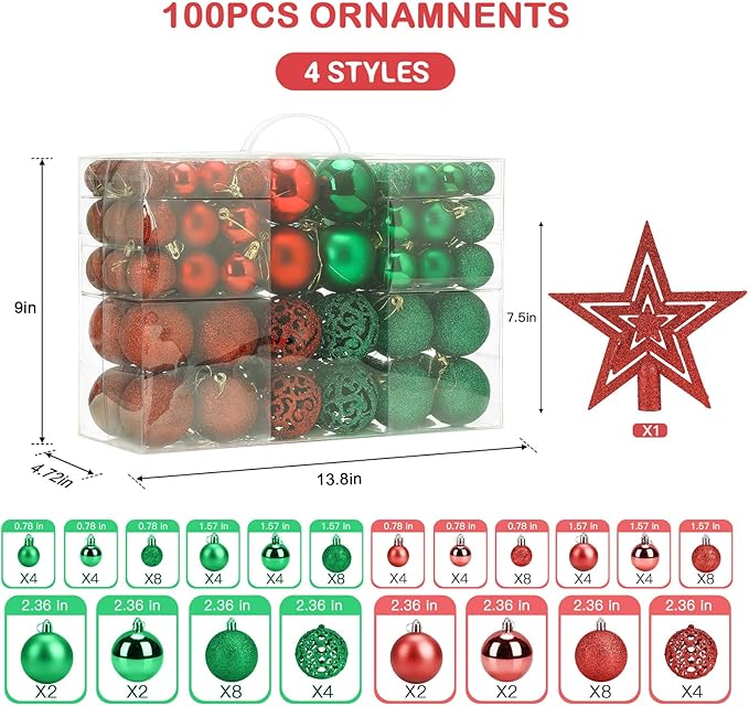 Aitsite 100 Pack Christmas Tree Ornaments Set Mini Shatterproof Holiday Ornaments Balls for Christmas Decorations (Red and Green)