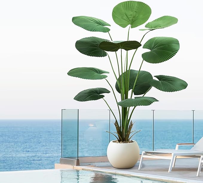 Artificial Fan Palm Tree 5FT Fake Tree Round Leaf Fake Palm Plant, Faux Tropical Areca Floor Plant with Planter, Artificial Silk Plants for Indoor Outdoor Home Office Bedroom Living Room Decor