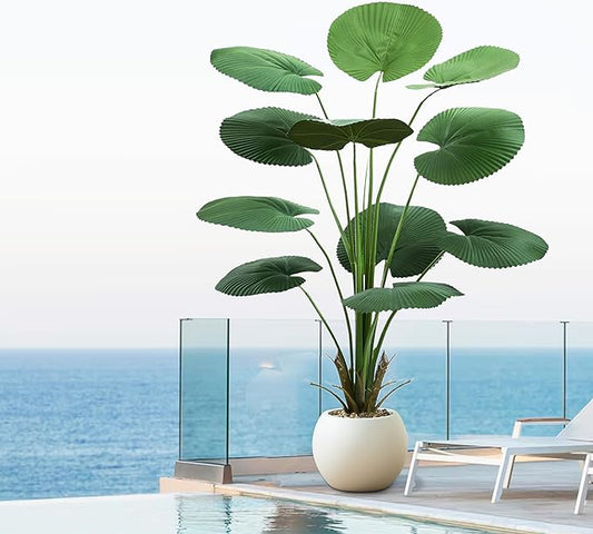 Artificial Fan Palm Tree 5FT Fake Tree Round Leaf Fake Palm Plant, Faux Tropical Areca Floor Plant with Planter, Artificial Silk Plants for Indoor Outdoor Home Office Bedroom Living Room Decor