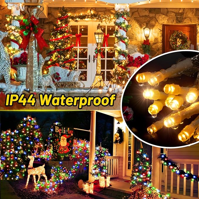 KNONEW Christmas Lights Outdoor 300 LED 99FT Clear Wire Color Changing String Lights with 11 Modes & Timer Dimmable Fairy Light for Xmas Tree Roof Yard Wedding Decorations(Warm White to Multicolor)