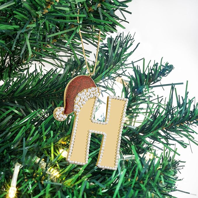 2025 Christmas Ornaments, Letter Ornaments for Xmas Tree|Red Hat Hanging Ornament for Women Men Friends Sister Wife|H-Letter Ornament