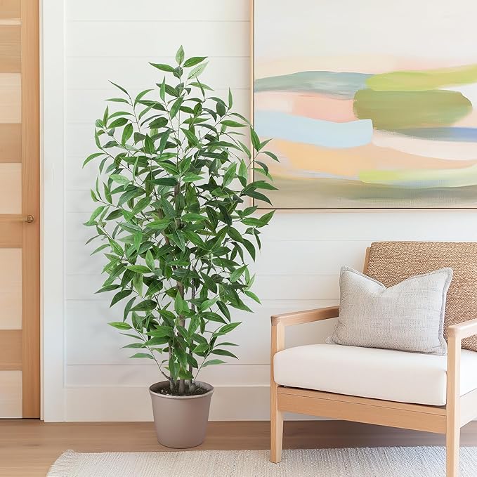 Ficus Artificial Tree -5FT Faux Eucalyptus Trees with Pots, Green Lifelike Leave for Fake Floor Plant,Realistic Artificial Plants Indoor Outdoor Office