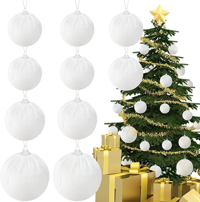 Gresorth 10 Pcs White Velvet Christmas Ball Ornaments White Ornament for Christmas Tree Fabric Hanging Balls Decor Home Fireplace
