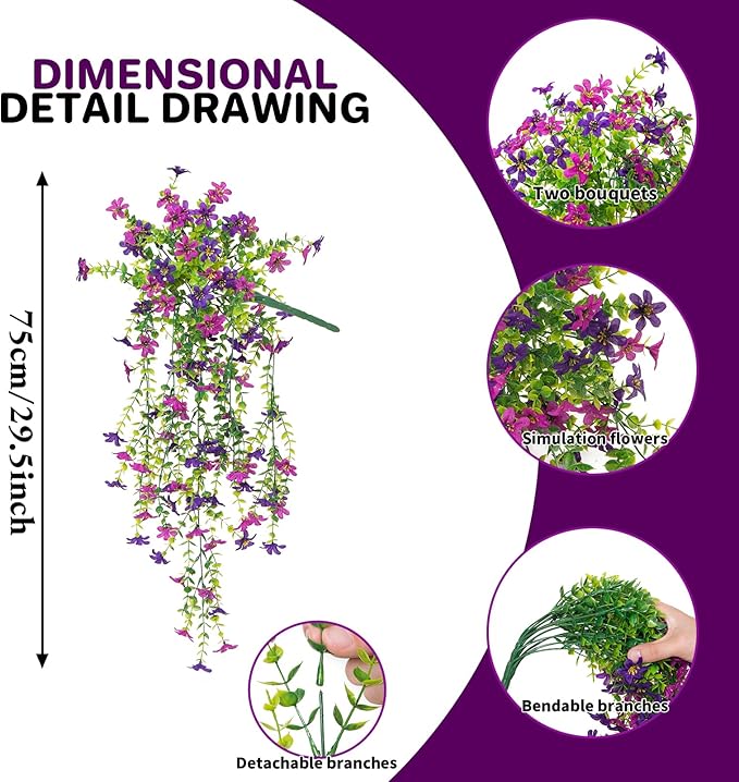 Purple Fake Mums Artificial Hanging Flowers Plants Fall Flowers for Outdoors Decor 2 PCS Faux Silk Daisy with Leaves Artificial Outdoor Flower for Planter Balcony Porch Patio Yard Decoration