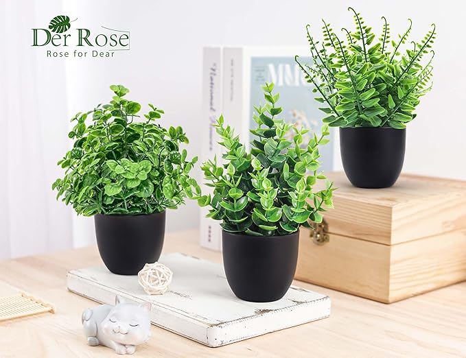 Der Rose Fake Plants 12 Pack Artificial Plants Small Faux Plants in Black Pot for Bathroom Home Office Table Decor Indoor
