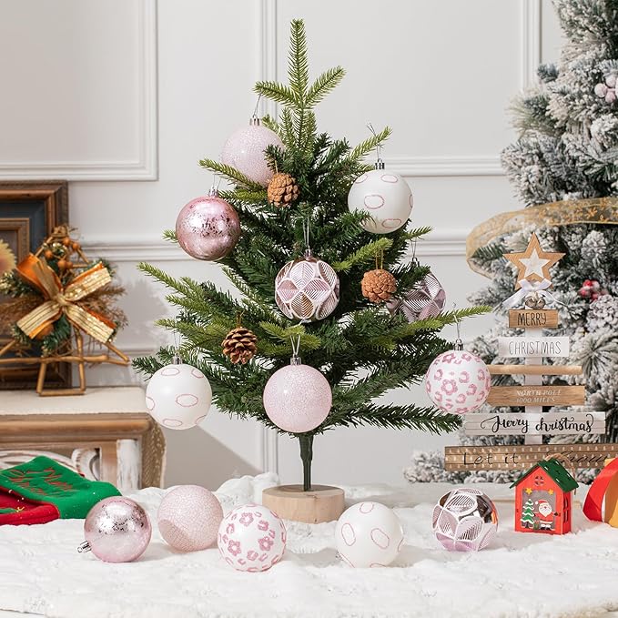 16CT Leopard Christmas Ornaments,Shatterproof Pink and White Christmas Decorations, Lage Baubles Ornaments Hanging Decor for Xmas Tree Home Party Festivals (80MM/3.15'')