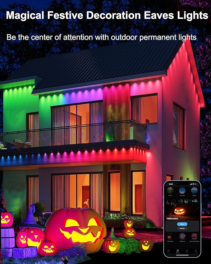 Smart Permanent Outdoor Lights, 100ft with 60 RGBW+IC LED String Lights, IP67 Waterproof Eaves Light with 108 Scene Modes for Halloween Christmas Birthday Holiday Party, APP/Remote Control