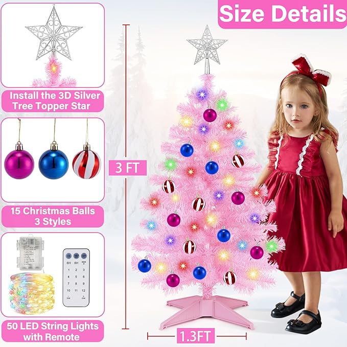 [ Timer & 12 Modes ] 3Ft Pink Christmas Tree with 50 Warm White&Color Lights 3D Star Battery Operated Christmas Day Decor Tree Indoor Home Tables Holiday Christmas Decorations