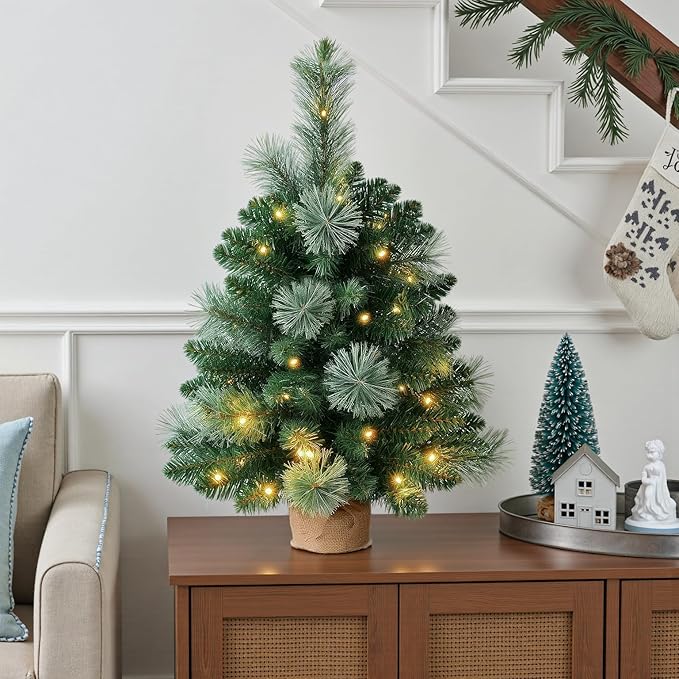 2FT Pre-lit Artificial Small Mini Christmas Tree with Warm White Multi-Color LED Lights, Remote Control and Timer, Perfect for Xmas Tabletop Decorations, Home, Kitchen, Dining Table top Green