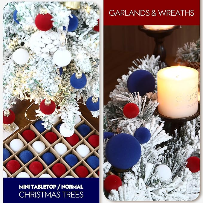 Sea Team 64-Pack Miniature Flocked Velvet Christmas Tree Ball Ornaments Set, Hanging Velour Baubles, Shatterproof Plastic Decorations for Xmas Tree, Wreath, Garland, 30mm/1.18 Inches, US Flag