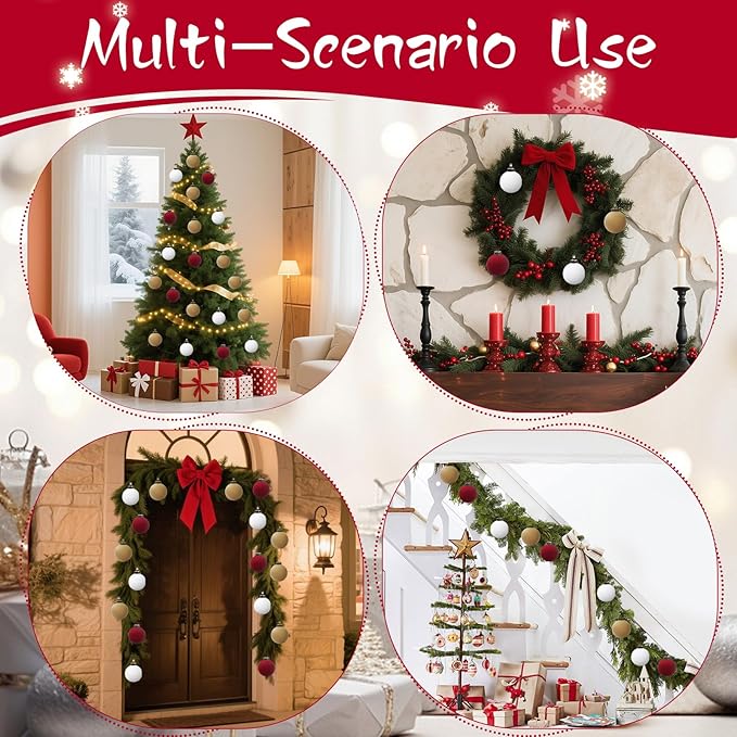 24 Pcs Velvet Christmas Balls Bulk Shatterproof Plastic Christmas Tree Decorations for Decorative Hanging Baubles (24, White、Wine red、Khaki, 2.36Inch)