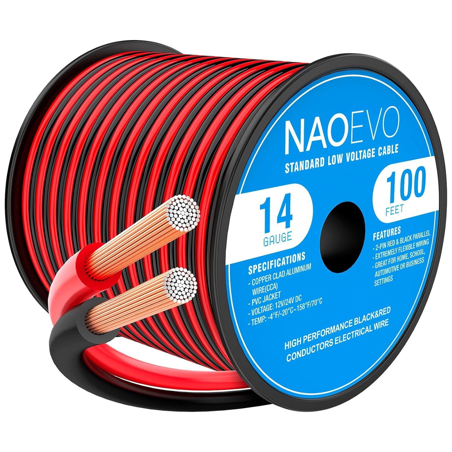 NAOEVO 14 Gauge Wire 100FT, 2 Conductors Electrical Wire Red Black Cable, Flexible/Low Voltage/PVC 14 AWG Copper Clad Aluminum Extension Cord for Speaker, LED Strips, Automotive 12V/24V DC