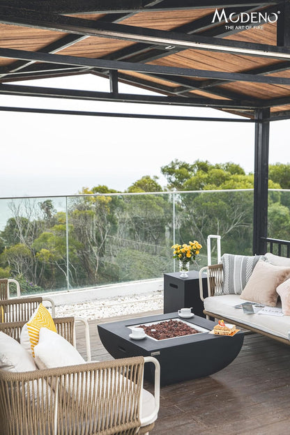 AMS Fireplace | Modeno Aurora Package | Black Natural Gas Fire Pit Table for Outside Patio Bundle with Wind Guard, and SS Burner Lid | Free Rubber Mat & Ice Bucket