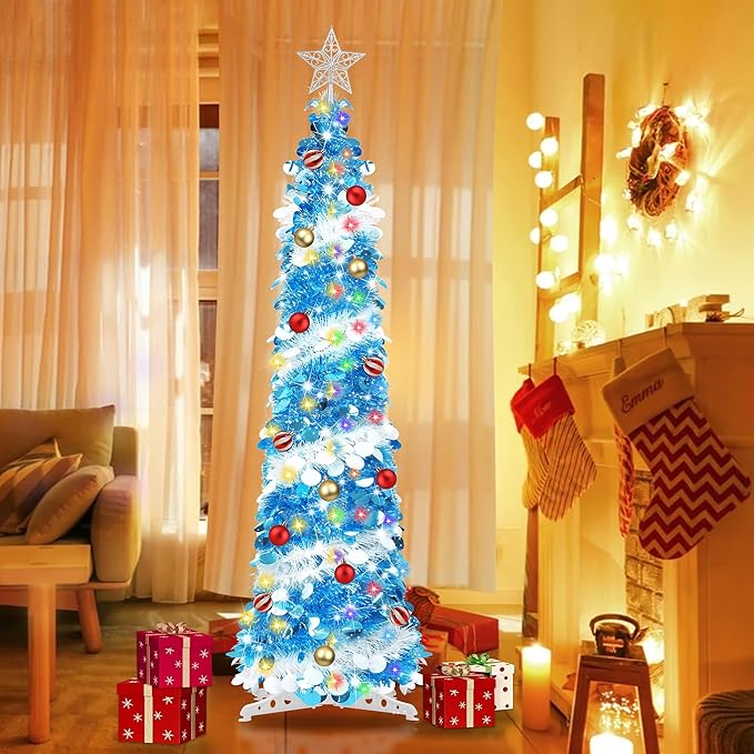 5FT Pop Up Christmas Tree with Timer 60 Warm White & Multi Color Fairy Light 3D Star 15 Ball Ornament, Blue White Tinsel Christmas Tree Slim Pencil Xmas Tree Home Office Holiday Decor Indoor Outdoor