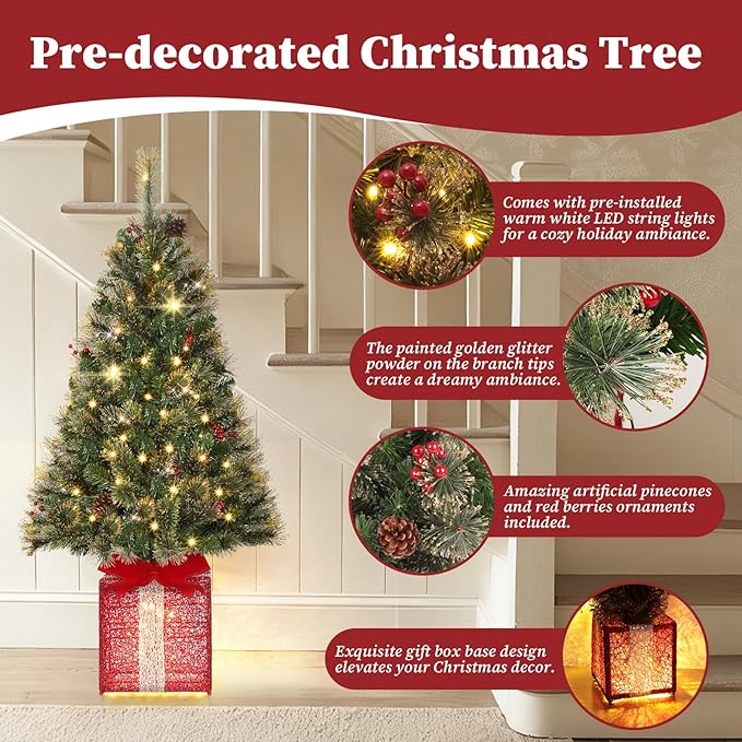 Brightever 4FT Christmas Tree with Warm White LED Lights, Pre-lit Artificial Christmas Trees for Outdoor Indoor Decorations, Unique Gift Box Base, Plug in Outdoor Xmas Tree for Porch, Tabletop, Green