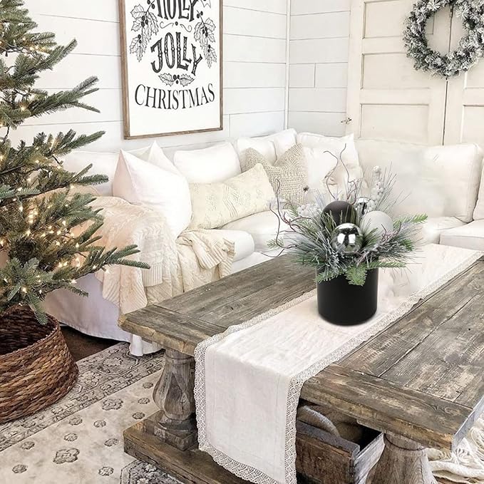 Briful 10 Inch Mini Christmas Tree Artificial Potted with Holly Pine Snowy and Black White Silver Xmas Balls Christmas Arrangements Centerpieces Ornaments Table Top Decor in 4.7'' Black Ceramic Pot