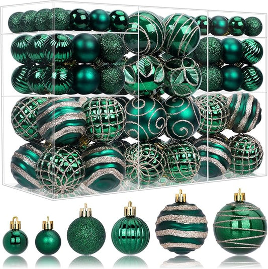 100 Pack Dark Green Christmas Ball Ornaments Set, Hand-Painted Shatterproof Hanging Decorations, Assorted Emerald Green Baubles Bulk for Xmas Tree Wreath, Winter Holiday Home Party Decor