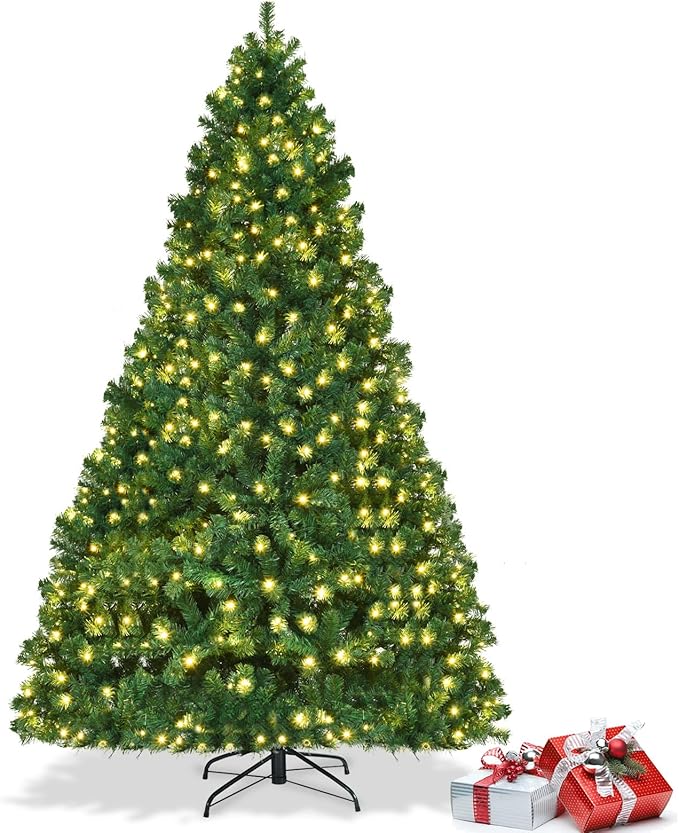 COSTWAY 8 FT Prelit Christmas Tree, Artificial Christmas Tree with 1438PVC Branch Tips, 430 LED Lights, Folding Metal Stand, Easy Assembly, Full Hinged Fir Xmas Tree for Home Office Party Decoration