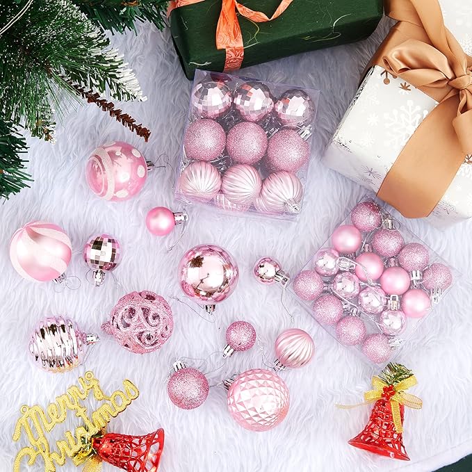 100PCS Christmas Ball Ornaments, Assorted Shatterproof Christmas Tree Decorations, Seasonal Decorative Hanging Baubles Decor Set for Xmas/Holiday/Party, Glitter&Painting Ornament Set (Pink)