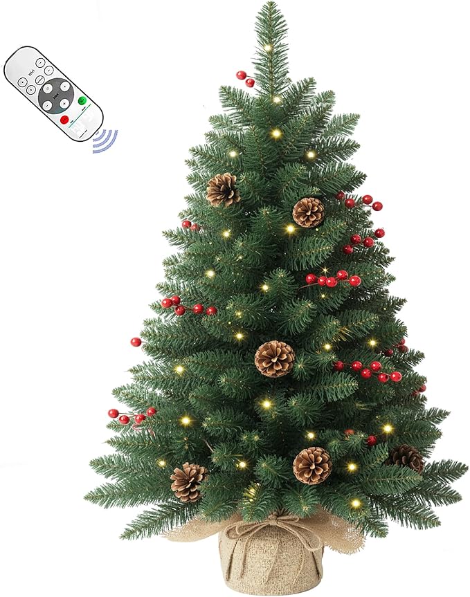 4ft Prelit Artificial Small Christmas Tree with Warm White Multi-Color LED Lights, Remote Control and Timer Operated, Metal Stand Red Berries & Pine Cone Slim Pencil Decoration for Indoor/Outdoor