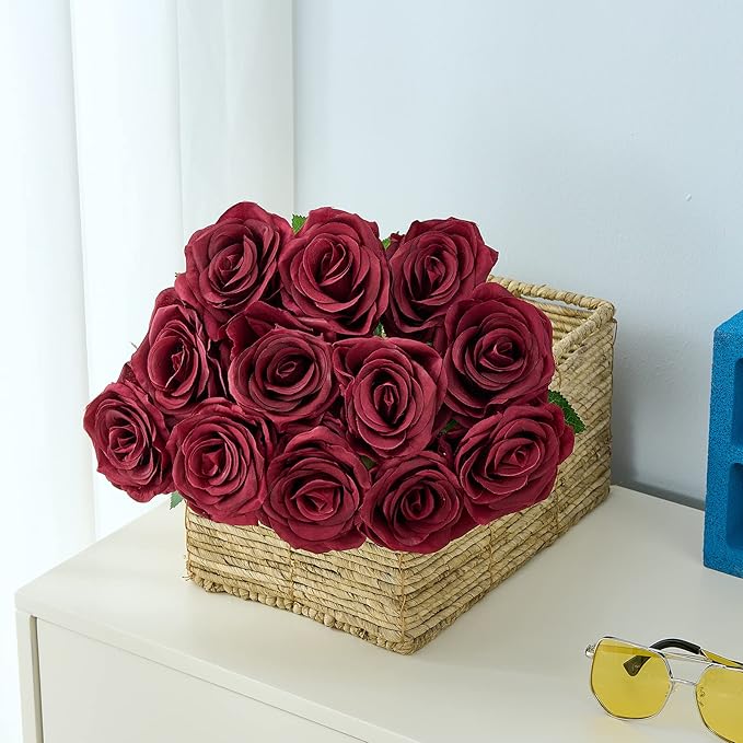15pcs Artificial Rose Flowers Long Stem Burgundy Fake Silk Roses for DIY Wedding Bouquet Table Centerpiece Home Decor (VASE is NOT Included)