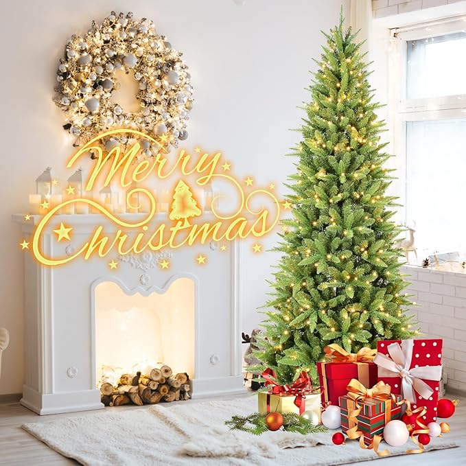 4ft Skinny Christmas Tree with 150 Warm White Lights, Premium Pre Lit Slim Artifical Christmas Tree with 424 Branch Tips, Memory Wire Hinge Narrow Xmas Trees with Foldable Metal Stand for Holiday