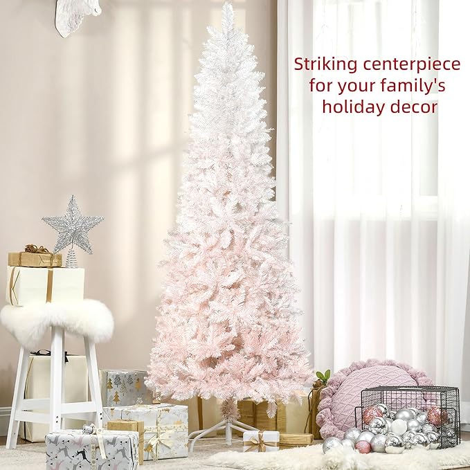 HOMCOM 6' Tall Unlit Pencil Fir Artificial Christmas Tree with Realistic Branches and Steel Base, Pink and White