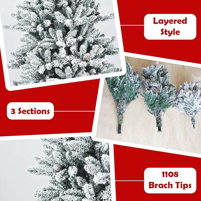 Happygrill 7ft Hinged Artificial Pine Cones Christmas Tree with 1108 Branch Tips, Heavily Snow Flocked Leaves, Metal Stand