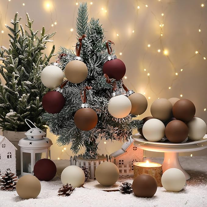 24 Pcs Neutral Matte Christmas Ball Ornaments 2.4 Inch Rustic Boho Burgundy Brown Camel Cream Xmas Bulbs Ornament Vintage Xmas Baubles Modern Christmas Decor for Tree Farmhouse Decor