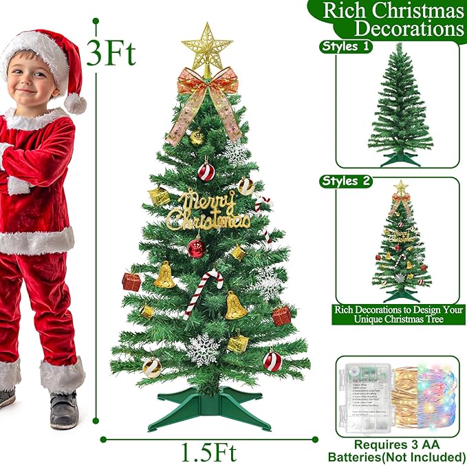 Dual Color Change 3Ft Small Christmas Tree with Timer Remote, 8 Modes 50 Warm White&Colorful Change Lights, 3D Star&44 Ornaments, Battery Operated, Mini Christmas Tree Table Indoor Holiday Party Decor
