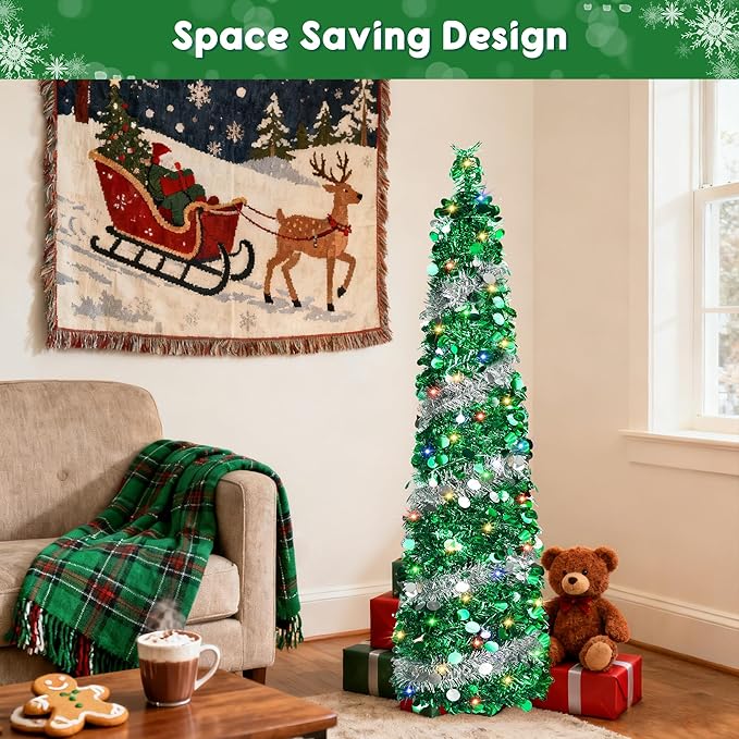 5FT Pop Up Christmas Tree with 90 LED Lights, Collapsible Artificial Pencil Christmas Tree, Tinsel Skinny Christmas Trees for Home Apartment Porch Indoor Outdoor Holiday Decorations