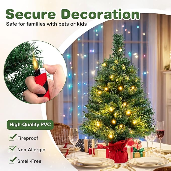 HAPPYGRILL 2FT Small Prelit Christmas Tree, Mini Tabletop Battery Operated Artificial Xmas Tree w/35 LED Lights, 71 Tips & Solid Cement Base, Christmas Spruce Fir Decoration for Fireplace Home Office
