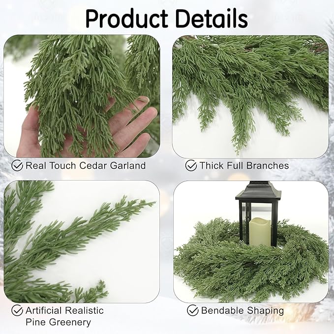 9FT Christmas Garland, Real Touch Cypress Pine Garlands, Green Artificial Cedar Garland Christmas Decorations for Home, Dining Table Mantel Porch Wall Stairs Winter Xmas Decor