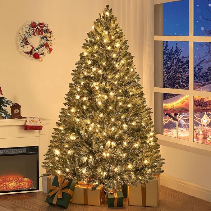 Prague 6.5ft Prelit Artificial Christmas Tree with Foot Pedal, 1197 Branch Tips, 450 Warm Lights and Metal Stand, 49" Wide Realistic Spruce Christmas Tree with Lights by Naomi Home