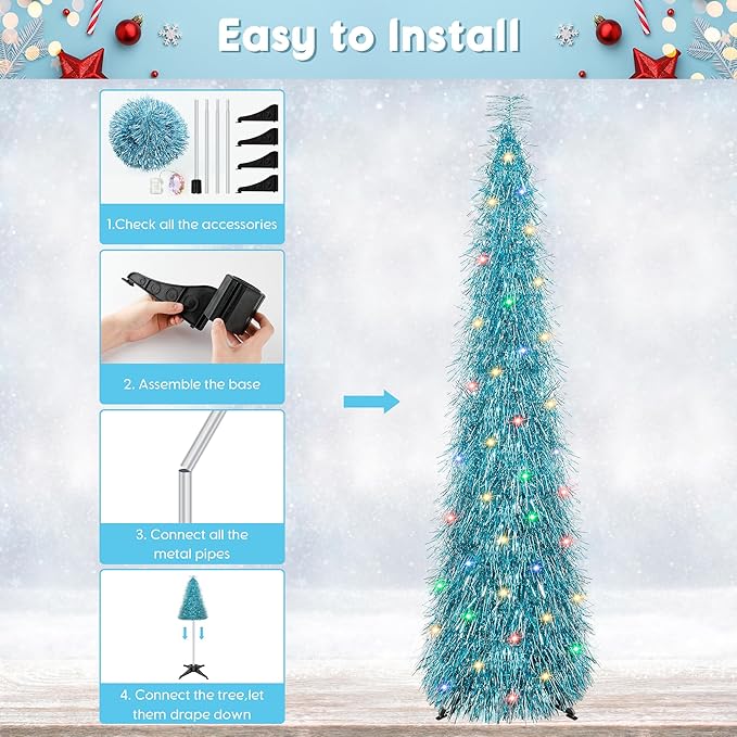 5FT Christmas Trees with 90 Lights, Collapsible Artificial Sequin Pop Up Christmas Tree, Tinsel Slim Pencil Christmas Tree for Home Holiday Fireplace Party Indoor Outdoor Xmas Decorations