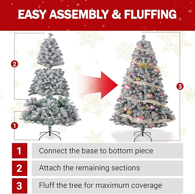 7FT Green Artificial Christmas Tree with 1200 Realistic Branch, Flocked Full Xmas Tree with Foldable Stand, Easy Assembly Hinged Pine Tree for Home, Shop, Office, Party Holiday Decoration