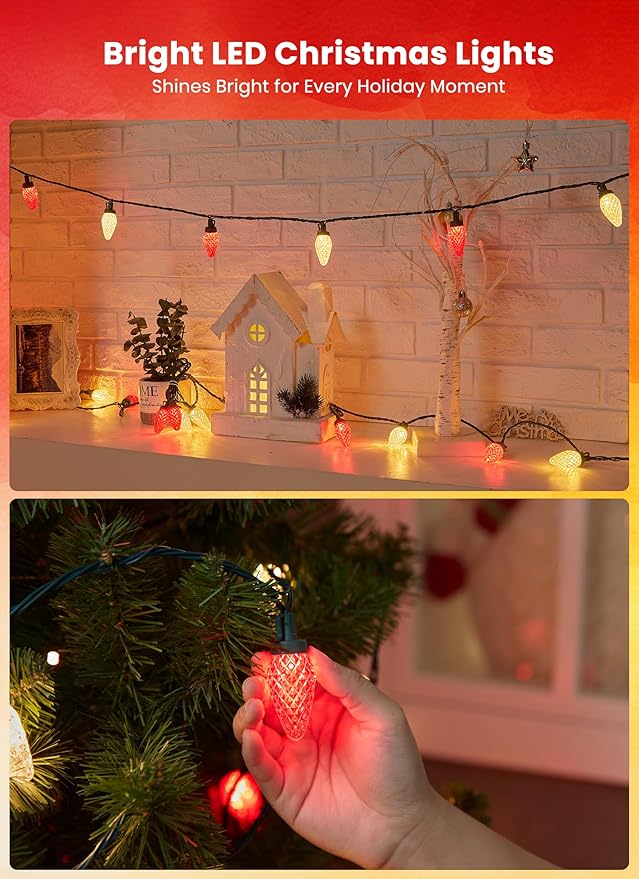 C9 LED Christmas Lights Outdoor, 81 Feet 100 LED String Lights with Timer & 8 Light Mode, Waterproof Commercial Grade Christmas Tree Lights for Outside Indoor Roofline Patio, Red & Warm White 2 Pack