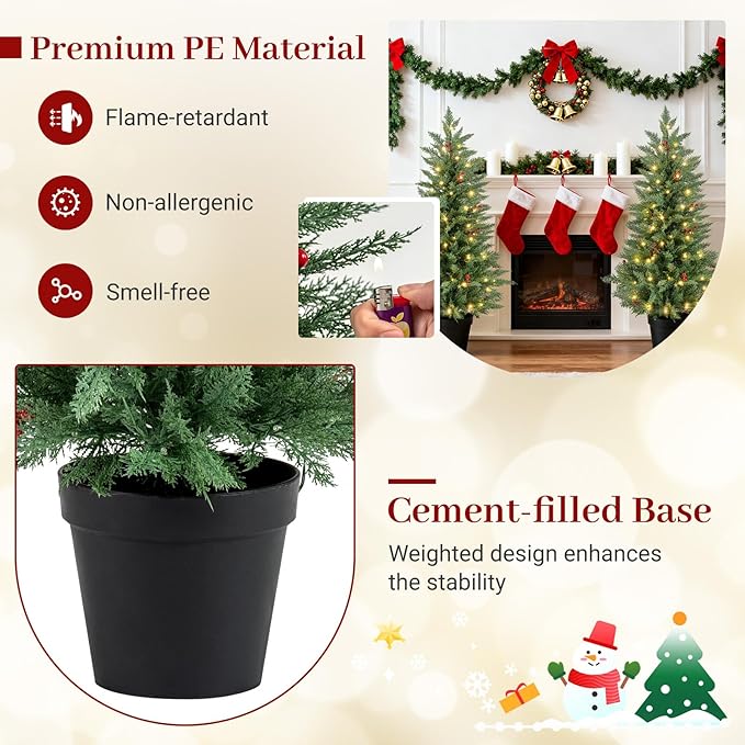 Happygrill 2 Pack 4 FT Pre-lit Cypress Christmas Trees, Potted Entrance Xmas Trees w/70 Warm White LED Lights, Timer, Red Berries, Battery-Operated Artificial Cypress Tree for Front Porch & Holiday