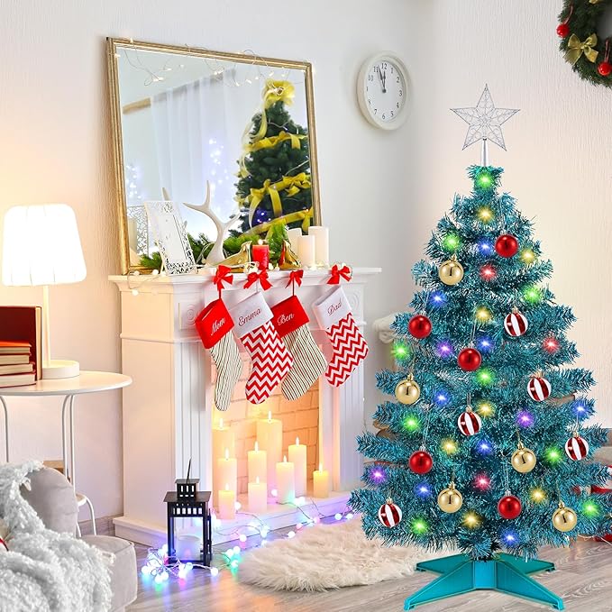 [ 12 Modes & Timer ] 3 Ft Blue Christmas Tree with 50 LED Lights, 15 Hanging Balls, 3D Star Topper Battery Operated Prelit Small Christmas Tree Indoor Home Table Holiday Xmas Christmas Decorations