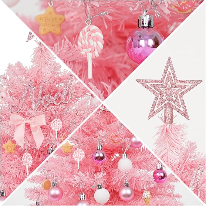 Wangchao Craft 20" Mini Pink Christmas Tree Table Top Artificial Xmas Tree Small Christmas Tree with Lights, Star Treetop and Balls, Tabletop for Girls Rooms