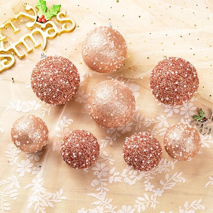 8CT Christmas Ball Ornaments, Rose Gold Christmas Ball Decorations Shatterproof Plastic Hanging Pearl Balls for Holiday Party(90mm/3.54")
