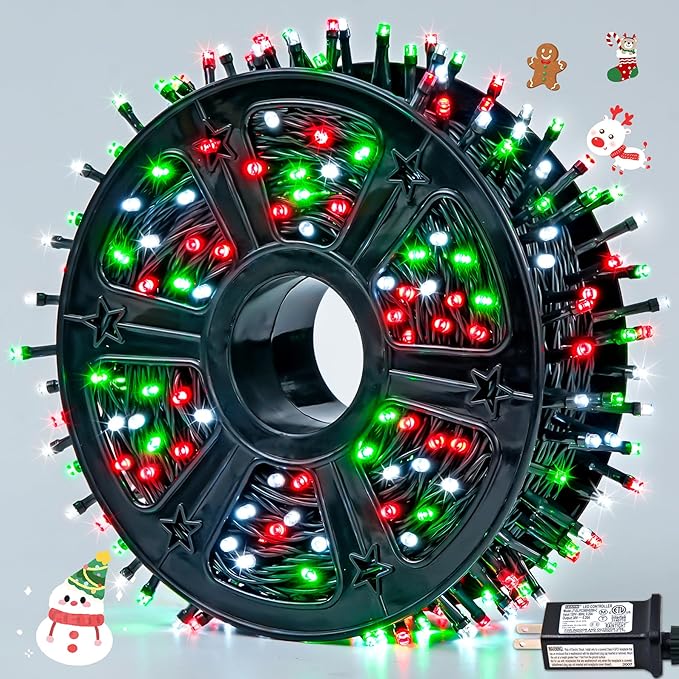 JMEXSUSS 500 LED Red White and Green Christmas Lights, 173ft Christmas Tree Lights Outdoor Waterproof, 8 Modes Twinkle String Lights for House Xmas Tree Party Holiday Decor