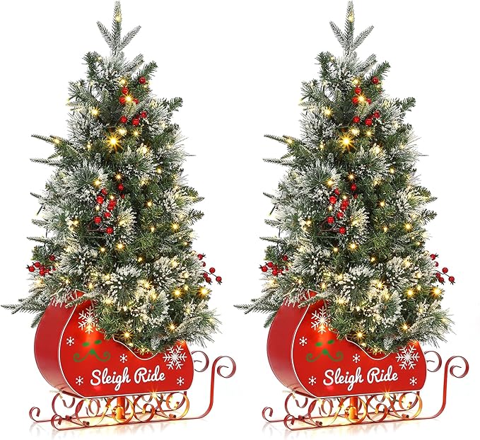 GarveeHome 3 ft Christmas Tree with 78 Lights, Pre-Lit Artificial Desktop Xmas Tree with 8 Mode Includes Red Berries & Sleigh Base,Christmas Decoration for Home, Office,2 PCS