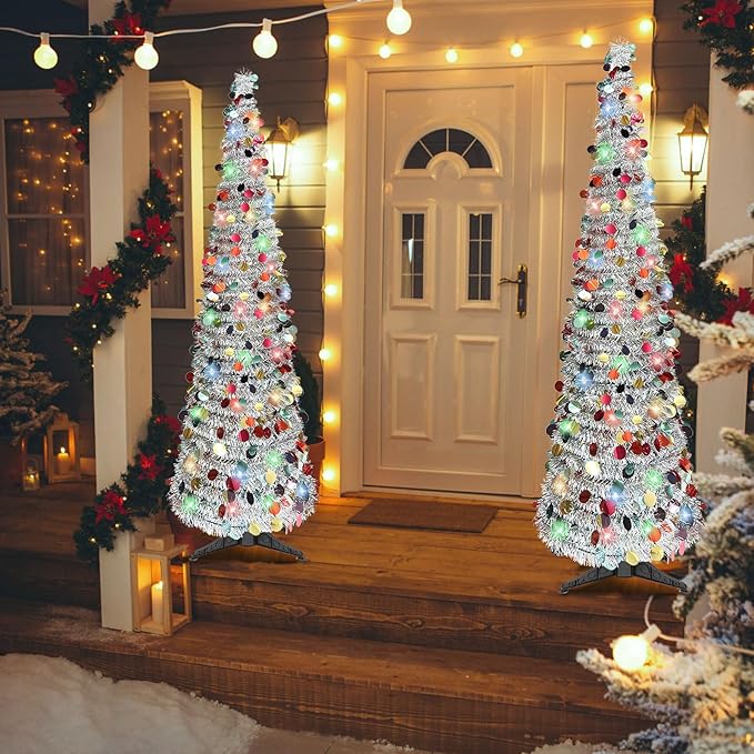 5 FT Pencil Christmas Tree, Collapsible Artificial Sequin Pop Up Christmas Tree, Skinny Pencil Tinsel Christmas Trees, Xmas Tree for Home Apartment Basement Fireplace (Silver Coloured)