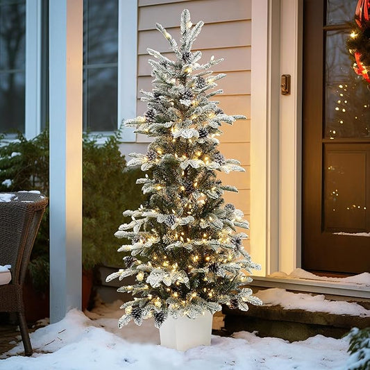 LuxenHome 5FT Small Potted Christmas Tree, Flocked Christmas Tree with Pot, Prelit Artificial Xmas Trees with 300 LED Lights and Pine Cone, Lighted Pine Trees for Indoor, Outdoor Holiday Display