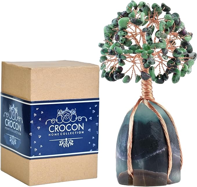 Crocon Ruby Zoisite Crystal Tree with Fluorite Rough Base Tree of Life Decor for Shelf, Bedroom, Birthday Gifts for Women, Sister Birthday Gift for Mom, Cute Home Decor Present
